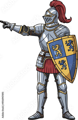 Medieval knight in silver plate armor pointing forward with authority