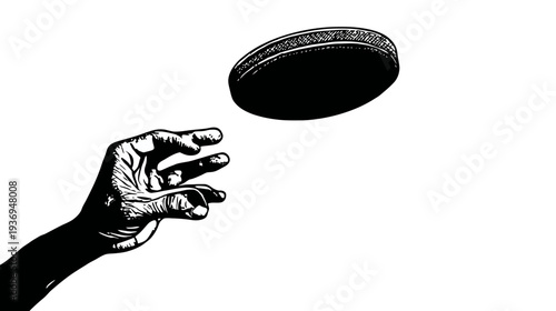 A grayscale graphic of a hand reaching up towards a flying disc, on a pure white background