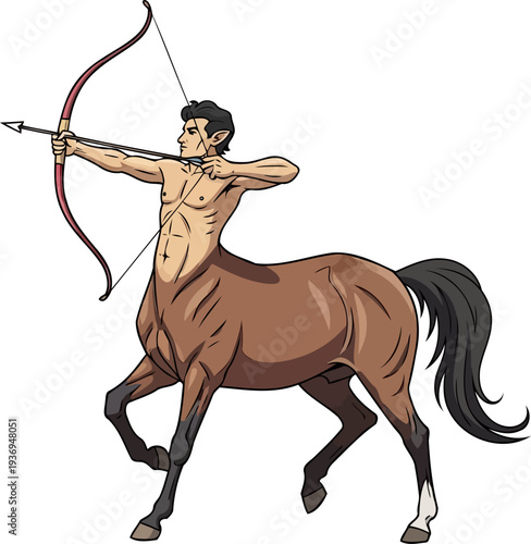 Mythological centaur archer aiming arrow with powerful horse body