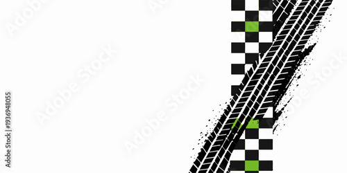 Black and white tire track pattern with checkered race flag design and 3D textured arrow symbols