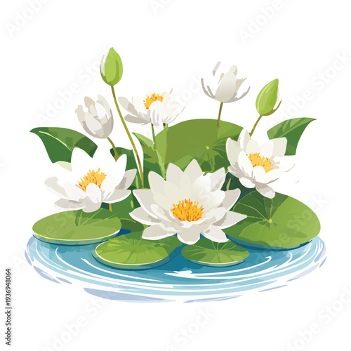 White water lilies blooming above water in vibrant artistic style