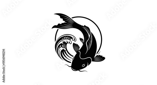 Black Koi Fish Silhouette in Circle with Waves, Japanese Style Tattoo Design