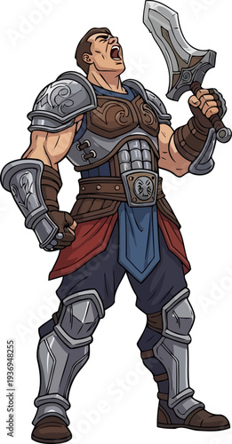 Roaring barbarian warrior holding a broadsword high