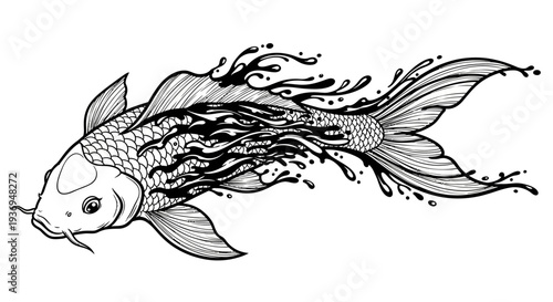 Black and White Koi Fish Illustration with Water Splashes