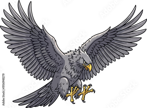 Predatory grey eagle descending with sharp claws ready