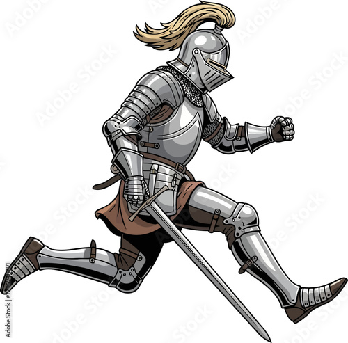 Silver knight sprinting in full plate mail armor