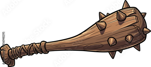 Primitive wooden mace with sharp spikes for barbarian combat