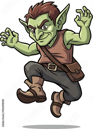 Sneaky goblin thief jumping with a loot bag