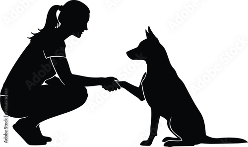 Black silhouette of a woman kneeling and shaking hands with a loyal dog isolated on white background for pet care