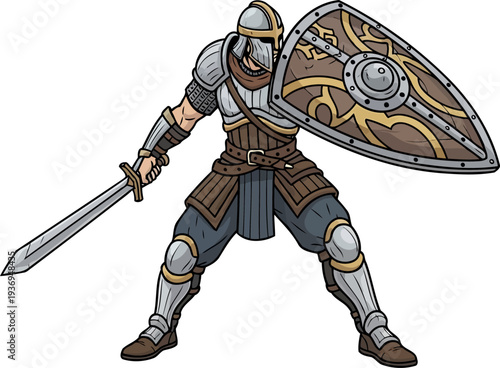 Stalwart medieval soldier holding a patterned kite shield