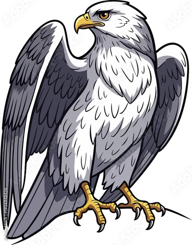 Stately white eagle perched and looking forward with sharp gaze