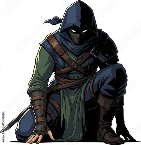 Stealthy hooded assassin kneeling in a prepared combat stance