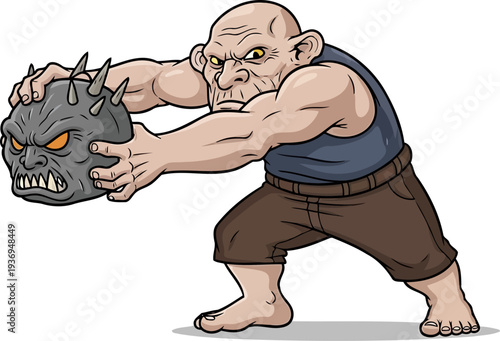 Strong bald ogre carrying a heavy spiked stone head