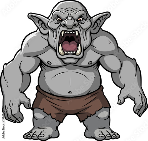 Ugly grey troll monster roaring with an open mouth and fangs