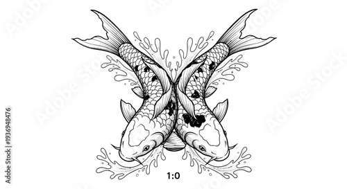 Two Koi Fish Symmetrical Design, Water Splash, Black and White Illustration