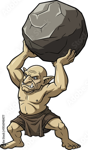 Strong pale goblin lifting a giant stone boulder overhead