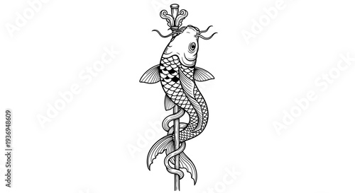 Elegant Koi Fish Wrapped Around Pole, Japanese Art Style
