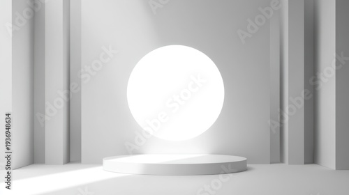 Minimalist white pedestal podium with a bright circle cutout in a modern interior.