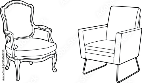 Cartoon furniture illustration contrasting ornate classical armchair with decorative detailing and modern minimalist armchair design, highlighting differences in style, materials, and construction