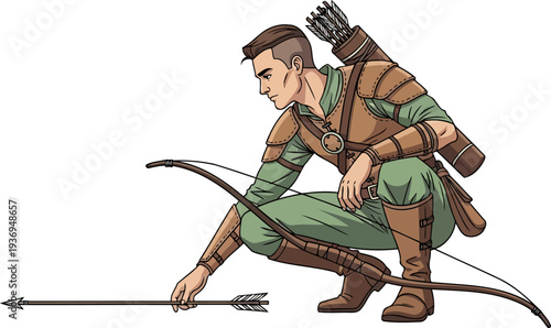 Woodland ranger crouching to retrieve an arrow from the ground