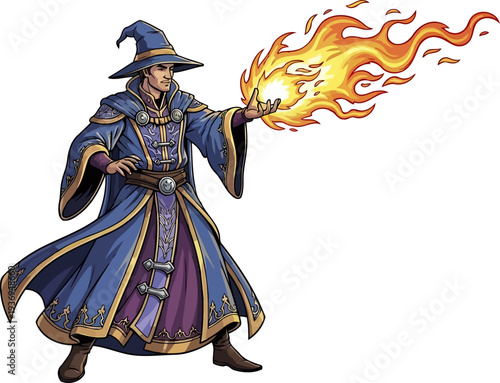 Wizard in blue robes casting a stream of magical fire
