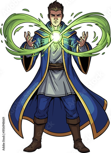 Young mage conjuring a glowing green orb of arcane energy