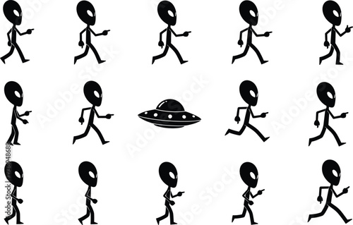 Black silhouette alien character walk and run cycle animation sprite sheet with UFO spacecraft, extraterrestrial life, and sci-fi vector design. (21 words)