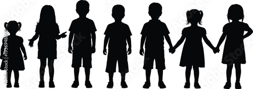 Black silhouettes of a diverse group of young children and toddlers standing in a row isolated on a white background