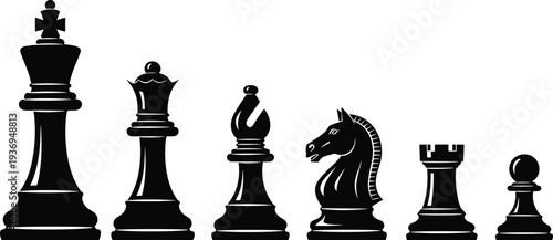 Black silhouette vector set of chess pieces including king, queen, bishop, knight, rook, and pawn, isolated on white background, strategy game.