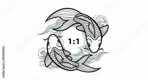 Two Koi Fish Swimming in Blue Water Waves, Japanese Style Illustration