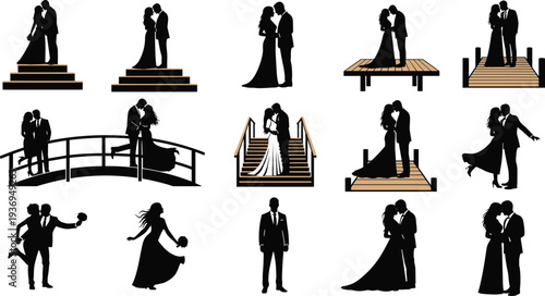 Collection of romantic wedding couple silhouettes, bride and groom on bridge, stairs, and pier, elegant marriage silhouettes for invitation design.
