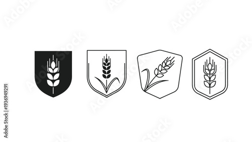 Collection of wheat ear logos inside shield shapes in black and white line art style for bakery or organic farm branding.
