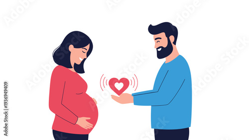 Pregnant woman and a bearded man holding a red heart symbol representing love and family during maternity time.