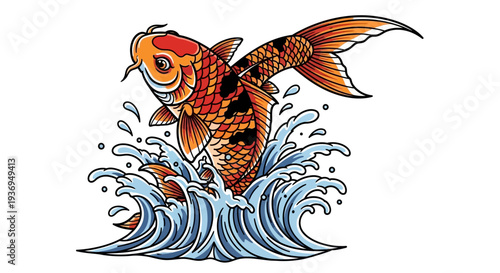 Vibrant Koi Fish Leaping From Water, Traditional Japanese Art Style