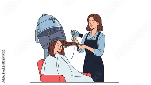 Professional hair stylist using a blow dryer on a client sitting under a vintage salon hair steaming machine hood.