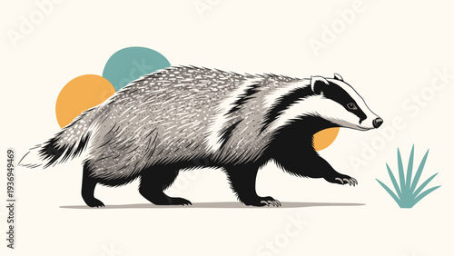 Realistic illustration of a European badger walking through grass with abstract colorful circles in the background.