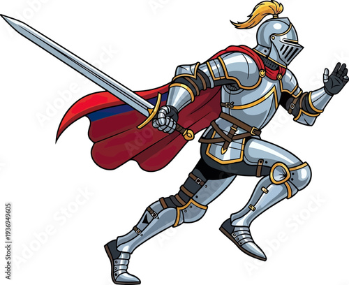 Armored knight running with sword and flowing red cape