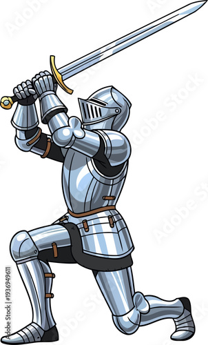 Armored knight kneeling on one knee while holding a sword up high