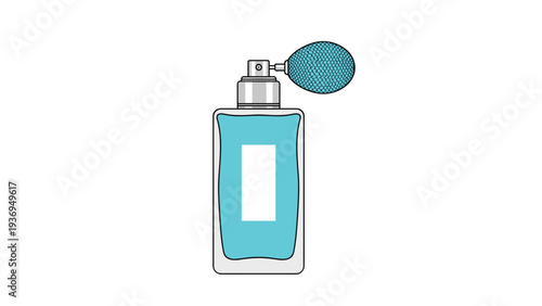 Vintage style perfume bottle filled with blue liquid featuring a classic squeeze bulb atomizer on a white background.