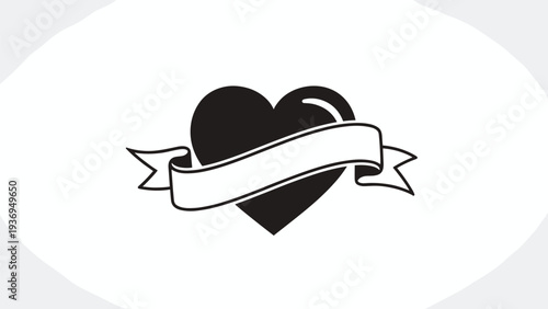 Black heart shape with a white banner wrapped around it in a classic tattoo style isolated on an oval background.