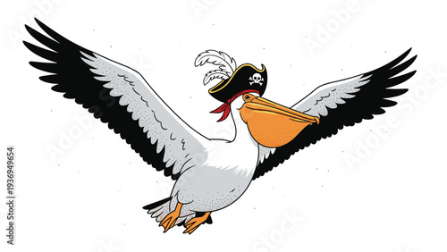 Cartoon pelican wearing a pirate hat with a skull and crossbones symbol flying with its wings spread wide open.