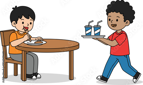 Cute cartoon illustration of children dining at table while another child serves drinks, kids restaurant service concept, friendship, food, and happy lunchtime scene