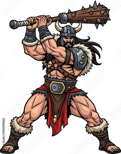 Barbarian fighter swinging large spiked wooden club in battle