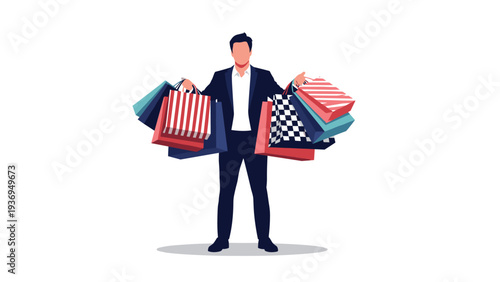 Fashionable man in a dark suit holding many colorful shopping bags in both hands representing a successful retail trip.