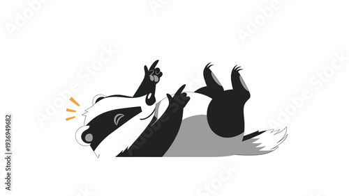 Cute cartoon badger lying on its back playing and having fun with small orange spark lines near its head area.