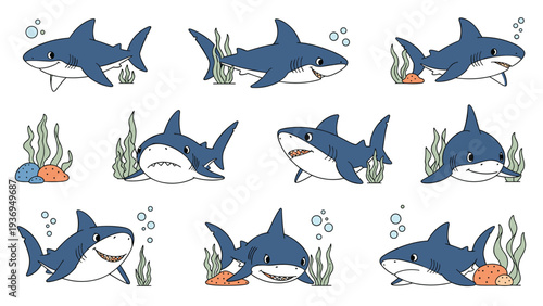 Collection of various cartoon sharks swimming in different poses with underwater plants and bubbles on white background.