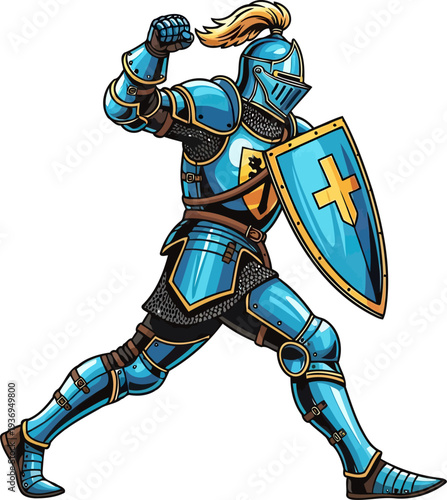 Blue knight charging with a shield featuring a cross emblem