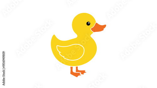 Classic yellow rubber duckling illustration features bright colors and simple shapes against a clean white background for bath time themes.