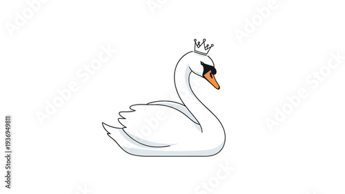 Graceful white swan wearing a delicate silver crown is shown in profile as a sophisticated illustration suitable for fairy tale or royal themes.