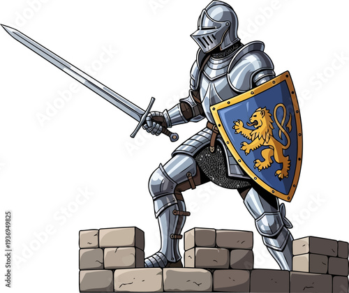 Armored knight standing on stone wall with sword and lion shield